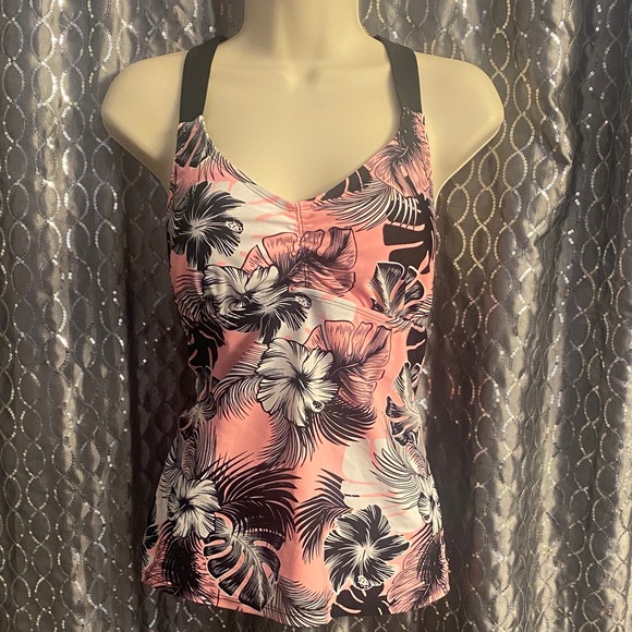 Floral Pink and Black Women' swim top - Picture 1 of 3